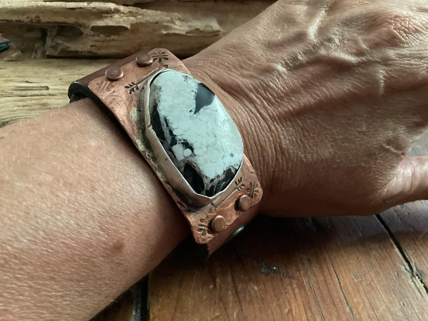 Leather, Copper and Sterling Silver White Buffalo Cuff Bracelet
