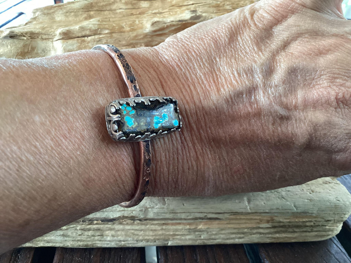 Copper, Sterling Silver and Turquoise Cuff Bracelelet
