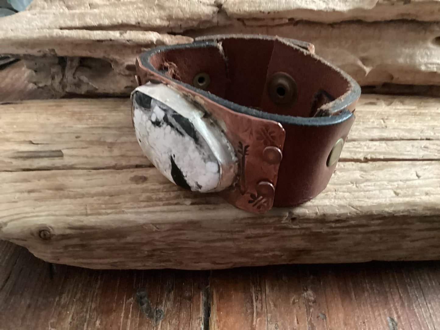 Leather, Copper and Sterling Silver White Buffalo Cuff Bracelet