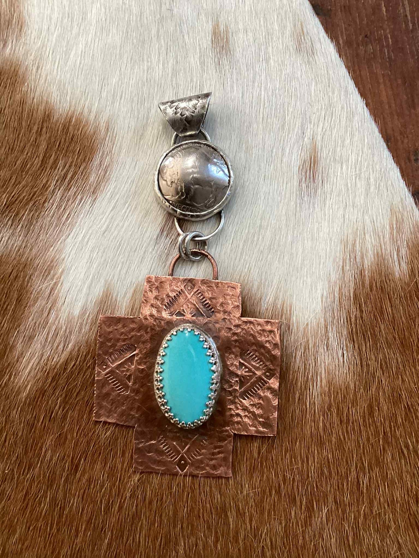 Sterling Silver, Copper and Nickel Turquoise Pendant