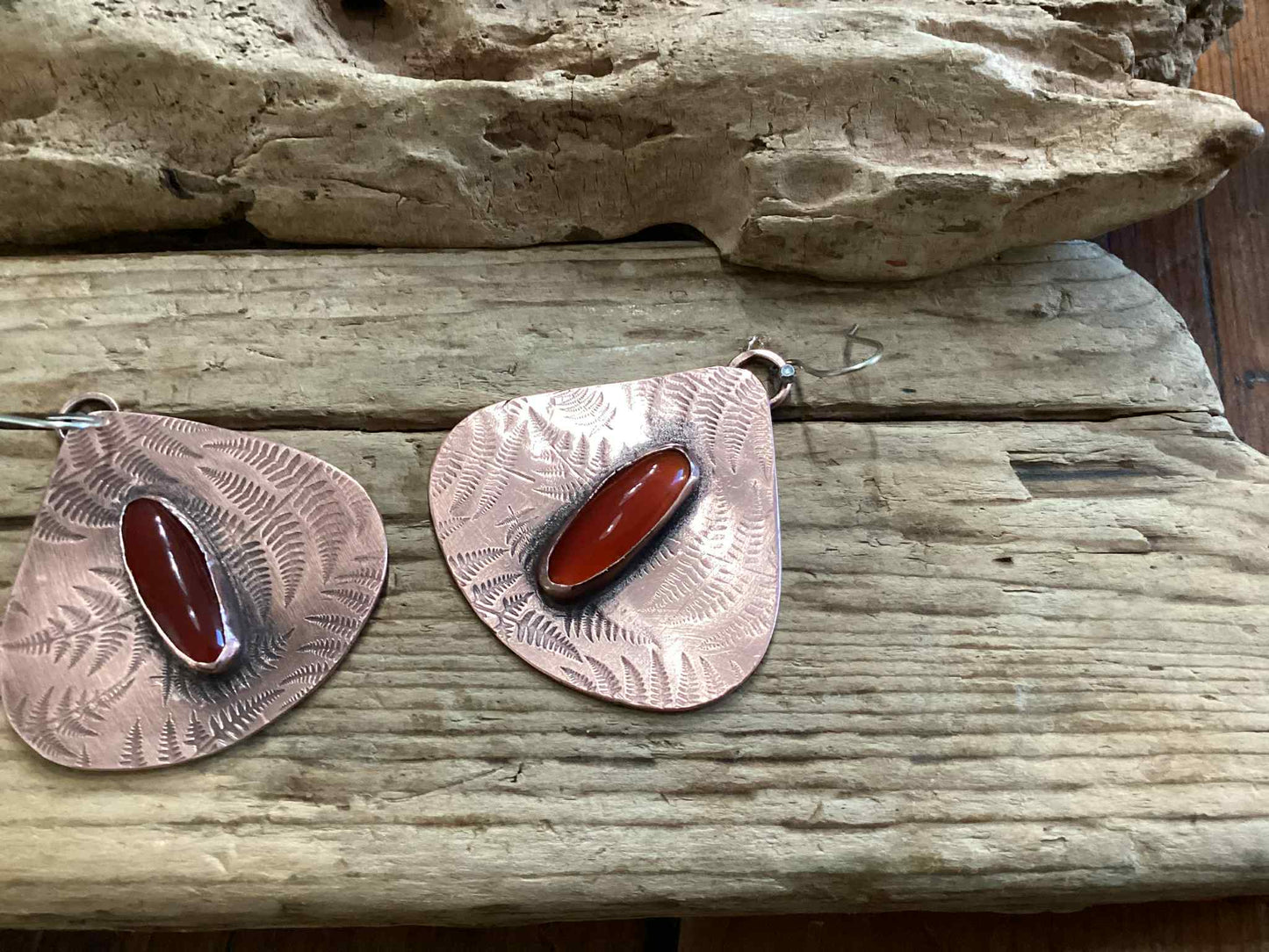 Copper and Carnelian, Fern Earrings