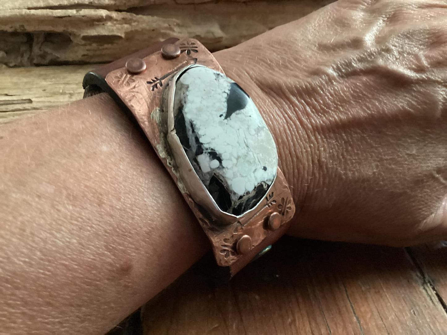 Leather, Copper and Sterling Silver White Buffalo Cuff Bracelet
