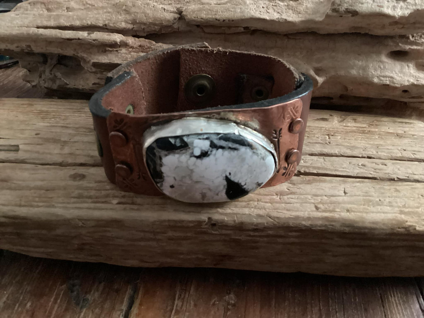 Leather, Copper and Sterling Silver White Buffalo Cuff Bracelet