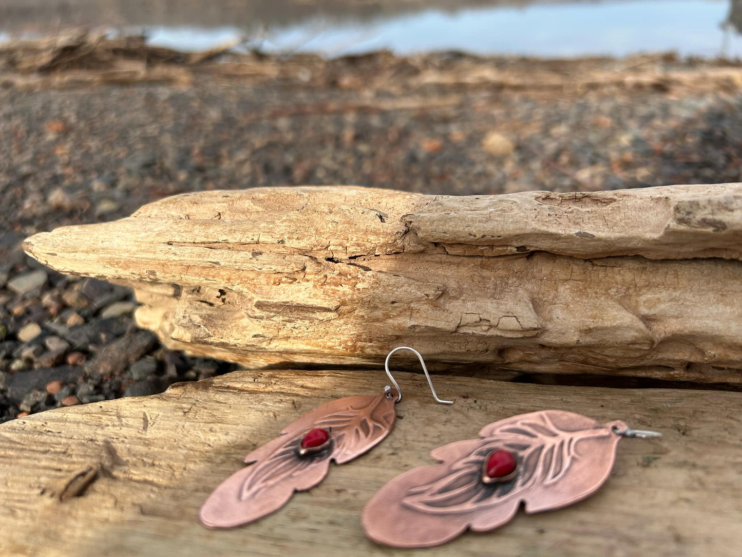Copper, Sterling Silver and Coral Feather Earrings