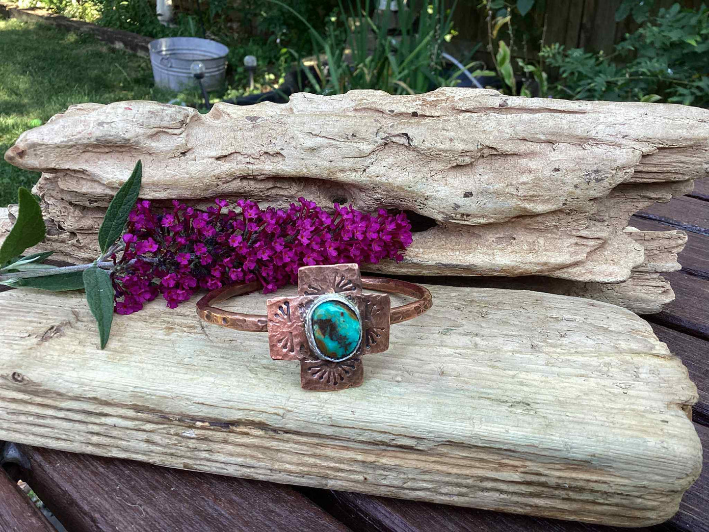 Copper, Sterling Silver and Turquoise Cuff Bracelet