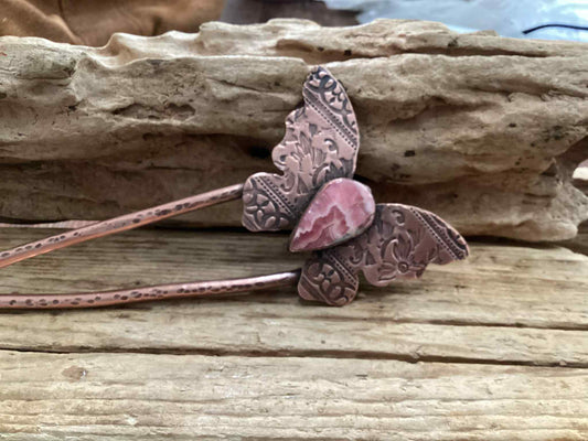 Copper and Rhodonite Hair Pick