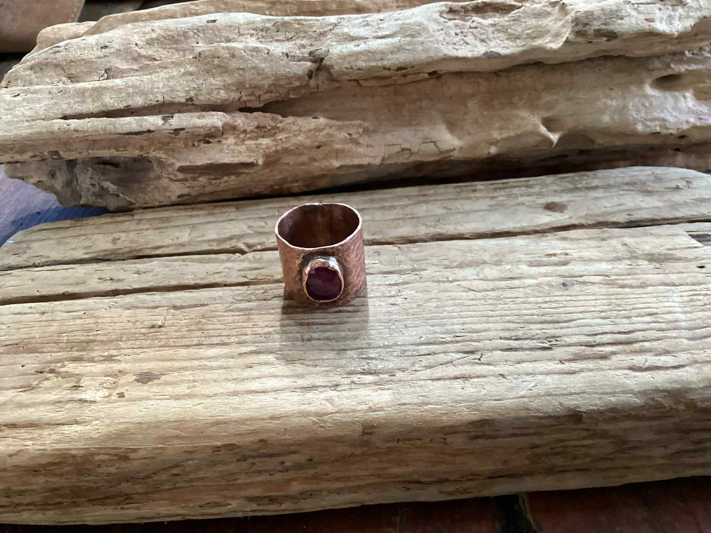 Copper and Tourmaline Hammered Ring, Size 6.75