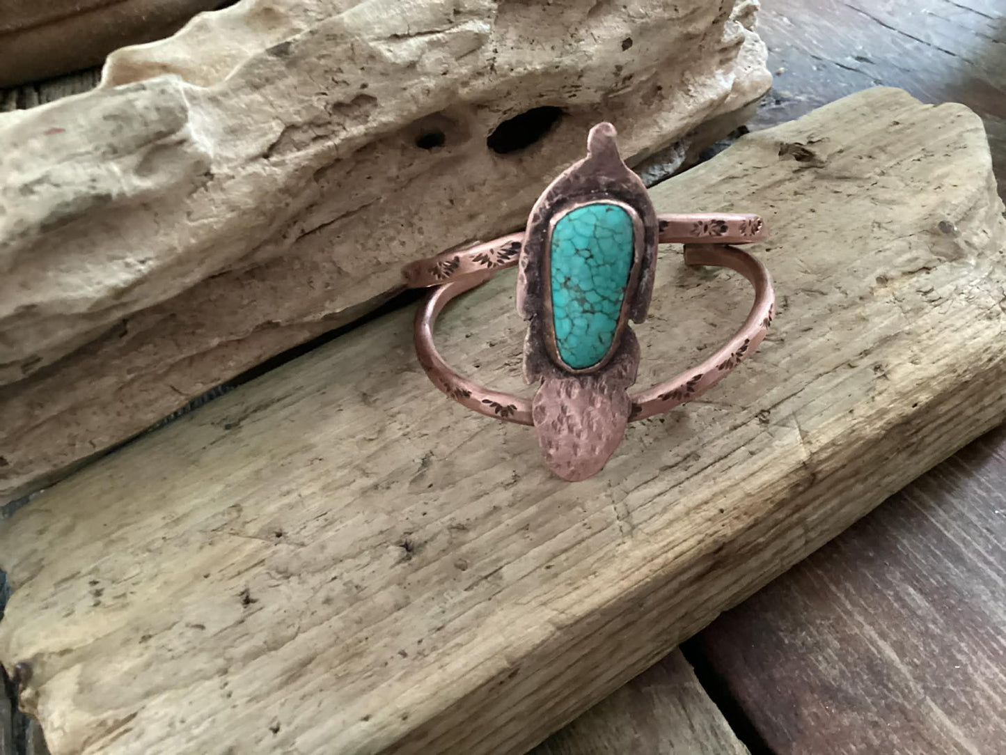 Copper and Turquoise, Hand Stamped Cuff Bracelet