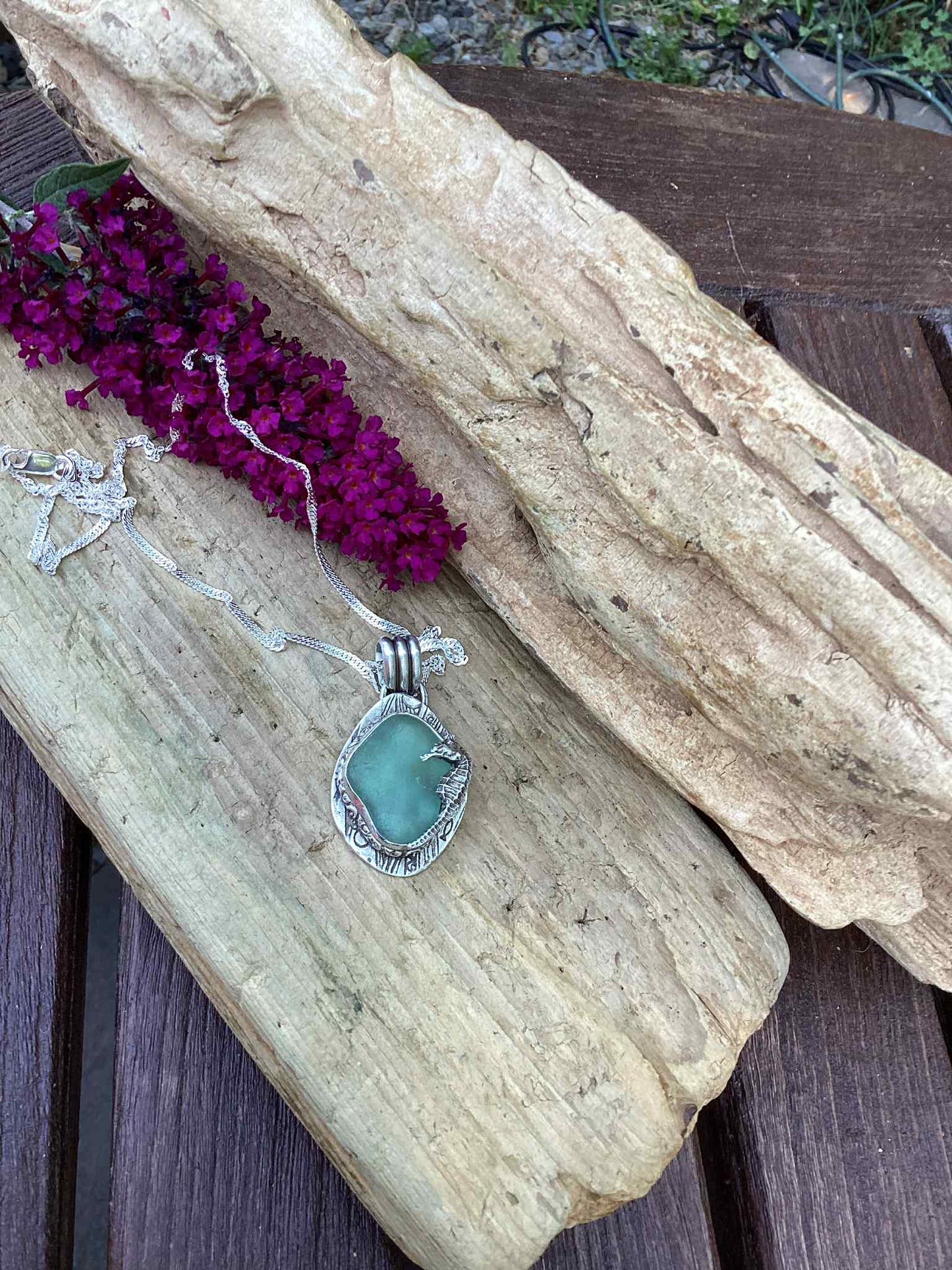 Sterling Silver and Sea Glass, Sea Horse Necklace