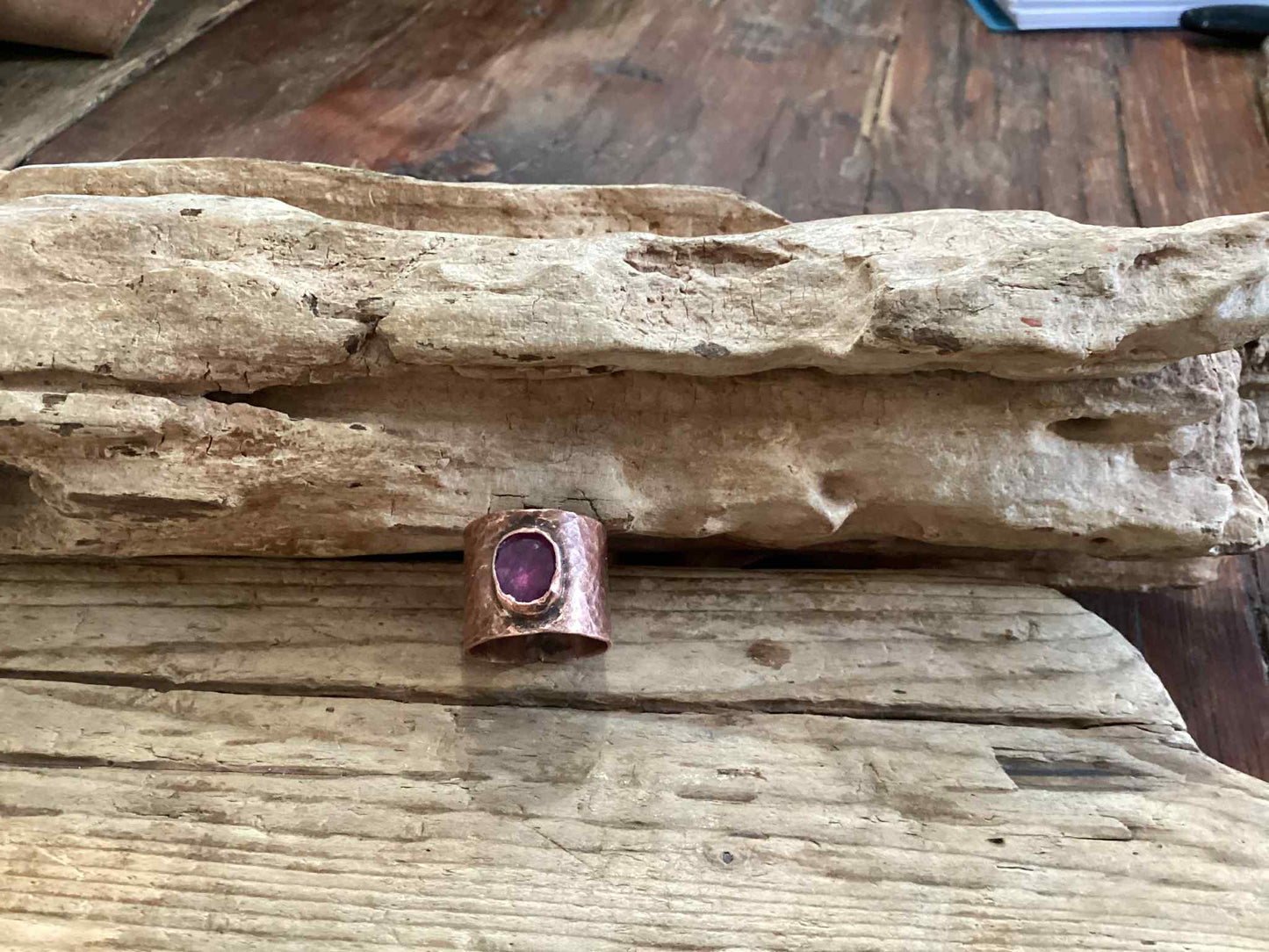 Copper and Tourmaline Hammered Ring, Size 6.75