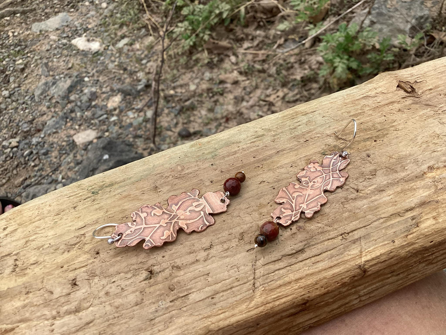 Sterling Silver, Copper and Gemstone Leaf Earrings
