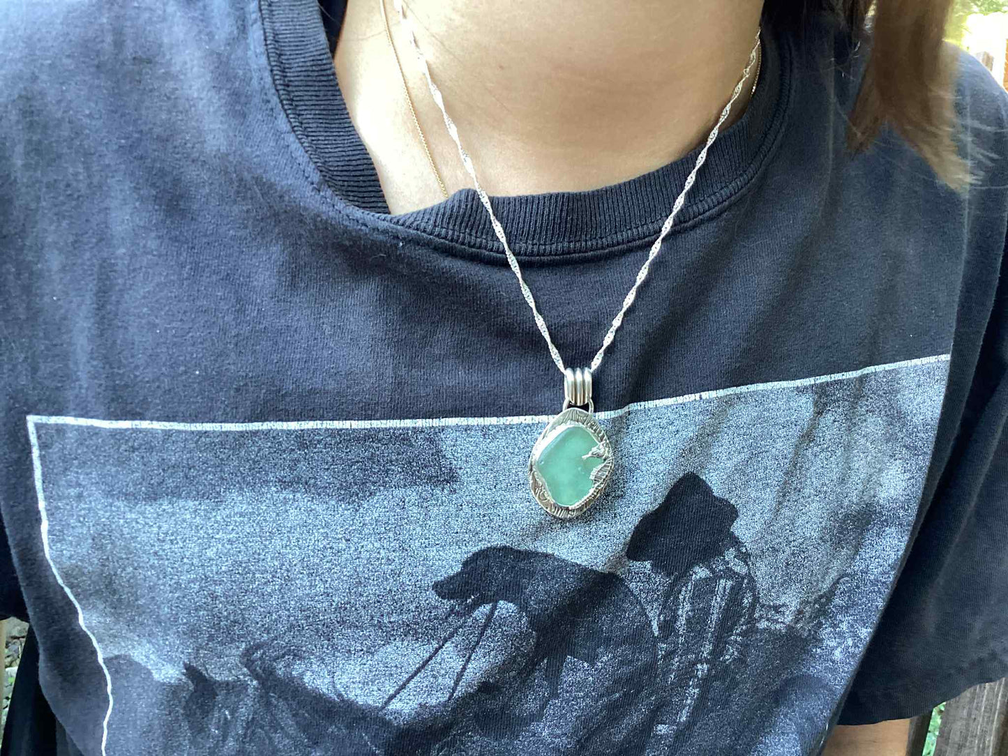 Sterling Silver and Sea Glass, Sea Horse Necklace