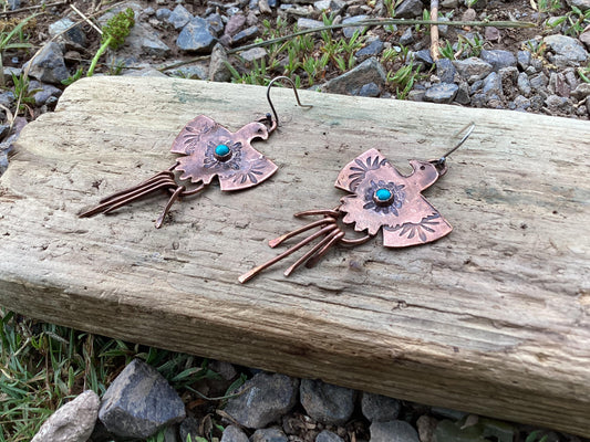 Sterling Silver, Copper and Turquoise Phoenix Earrings
