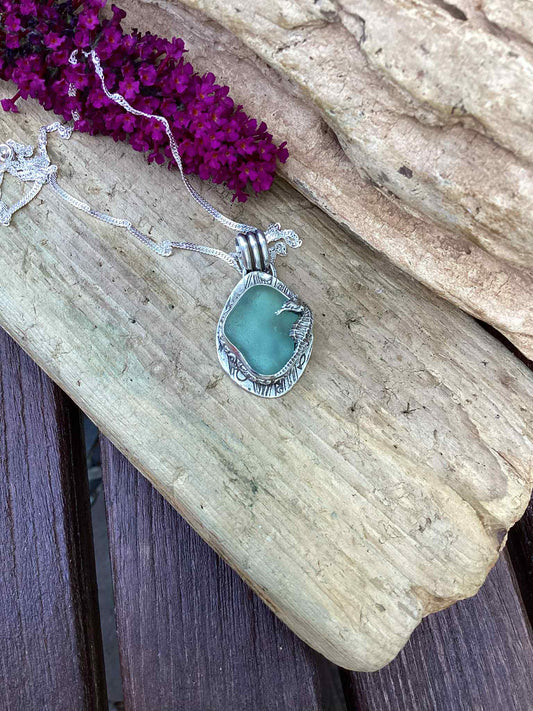 Sterling Silver and Sea Glass, Sea Horse Necklace