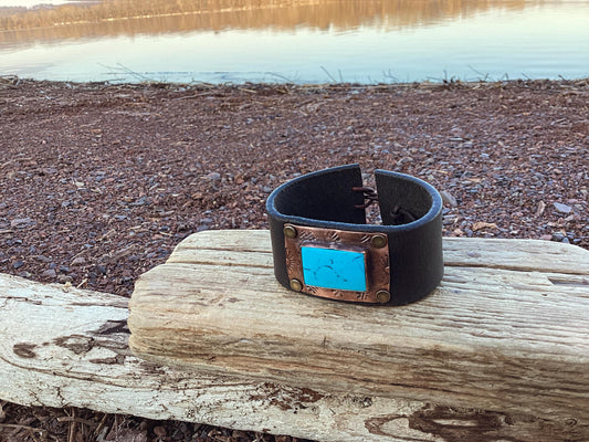 Copper, Leather and Turquoise Cuff Bracelet