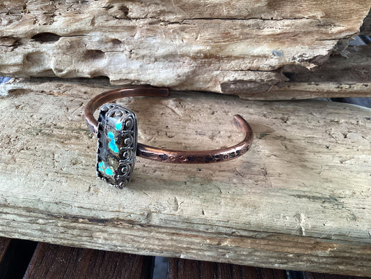 Copper, Sterling Silver and Turquoise Cuff Bracelelet