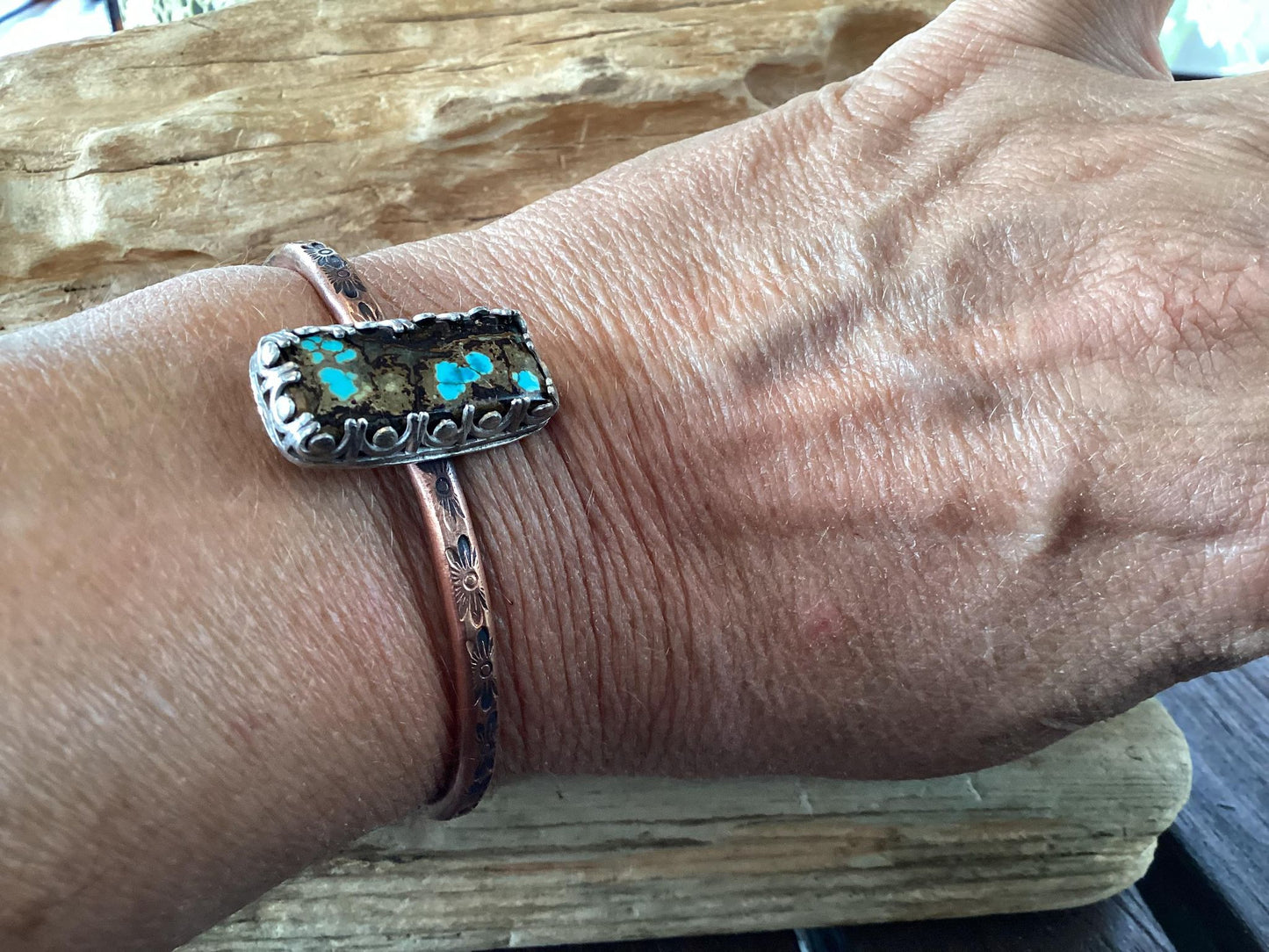 Copper, Sterling Silver and Turquoise Cuff Bracelelet