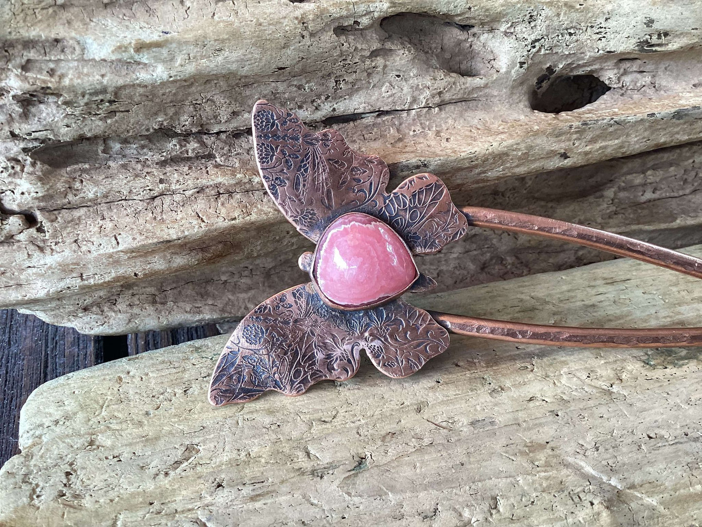 Copper and Rhodonite Hair Fork