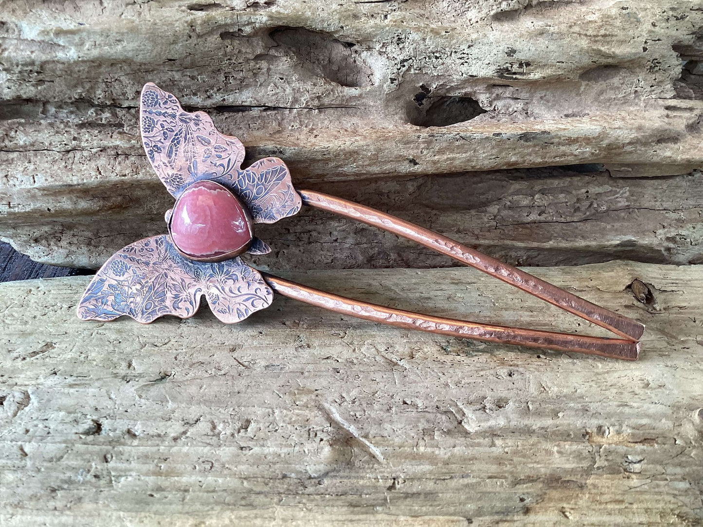 Copper and Rhodonite Hair Fork