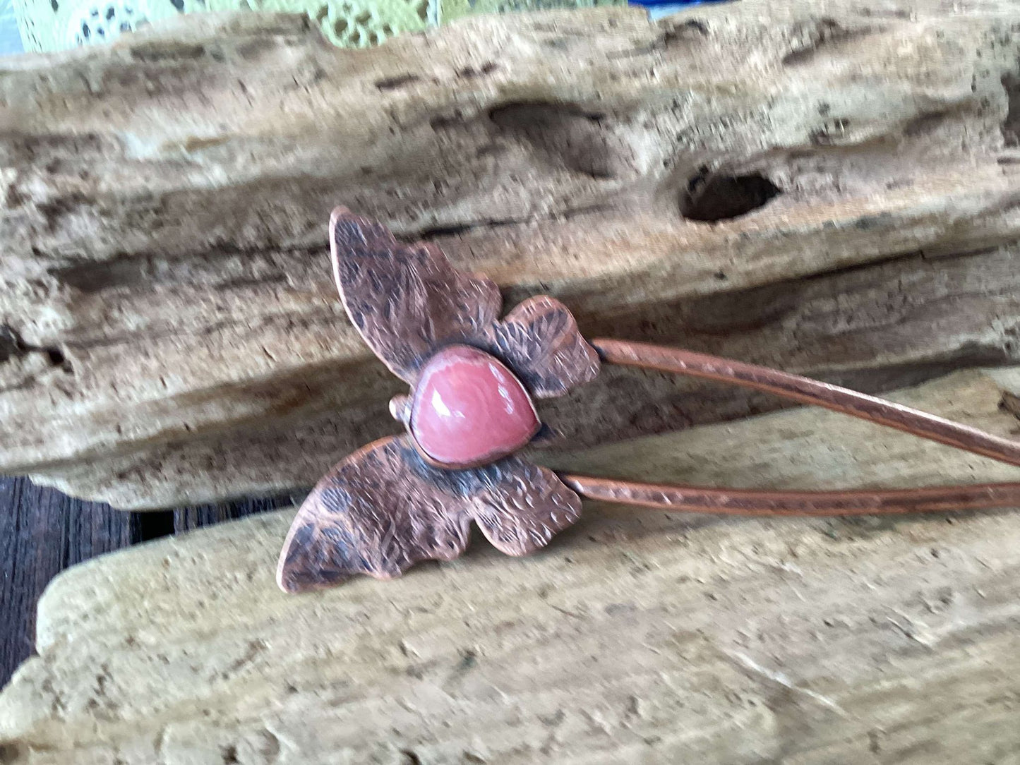 Copper and Rhodonite Hair Fork