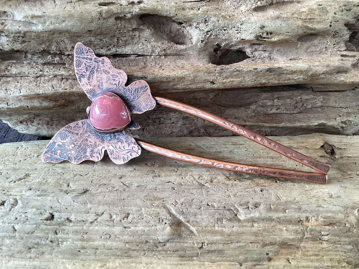 Copper and Rhodonite Hair Fork