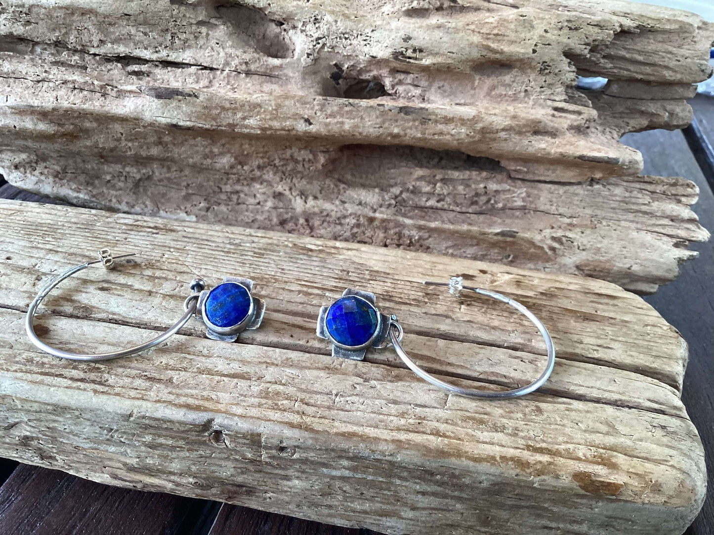 Sterling Silver and Lapis Hoop Earrings