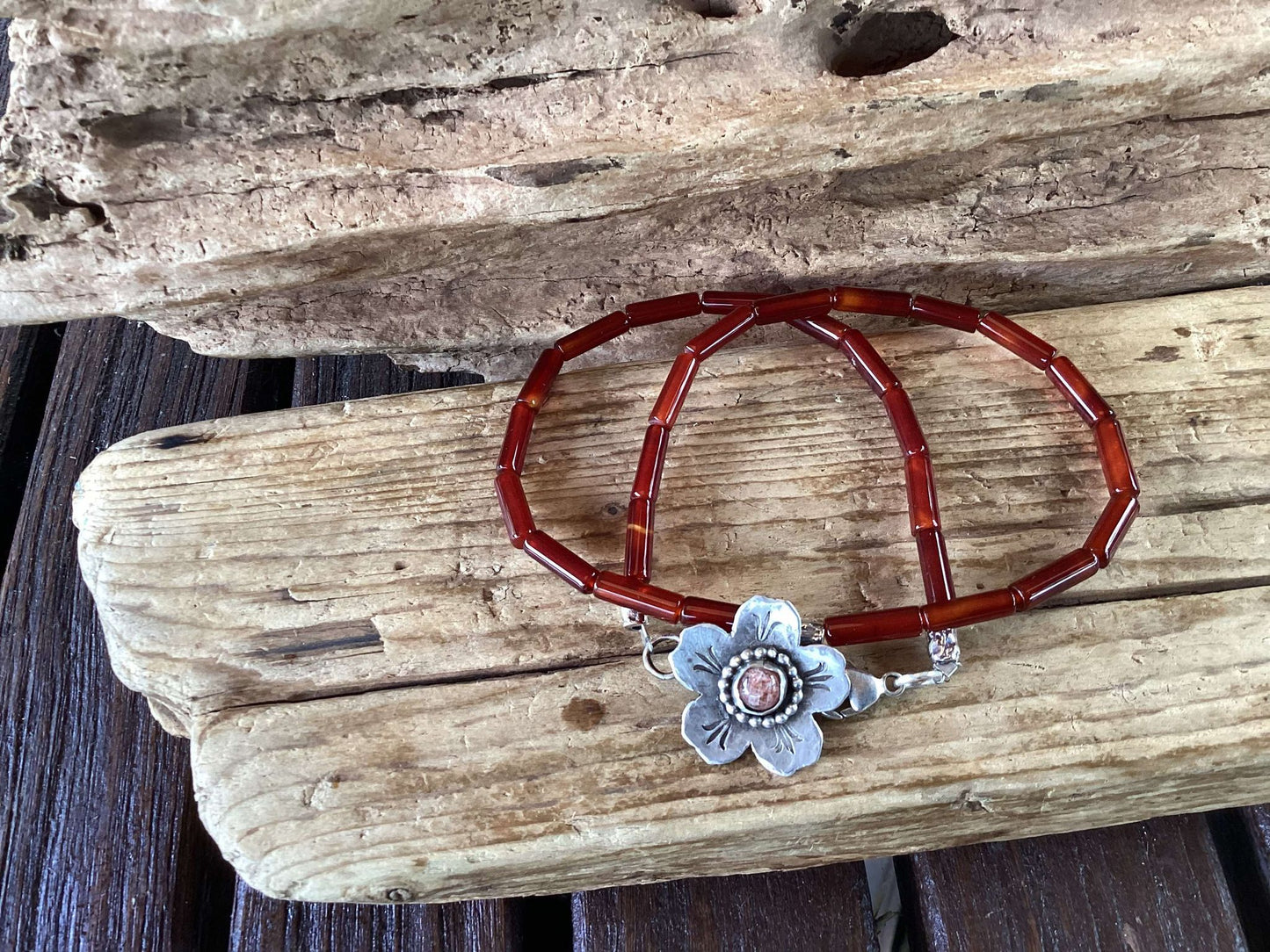 Sterling Silver, Amber and Sandstone Flower Wrap Bracelet