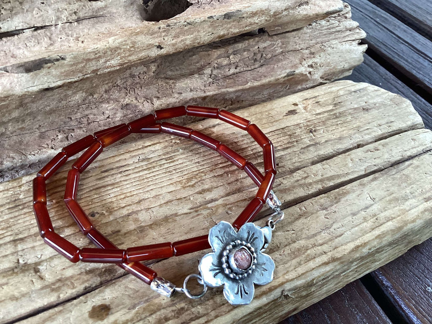 Sterling Silver, Amber and Sandstone Flower Wrap Bracelet