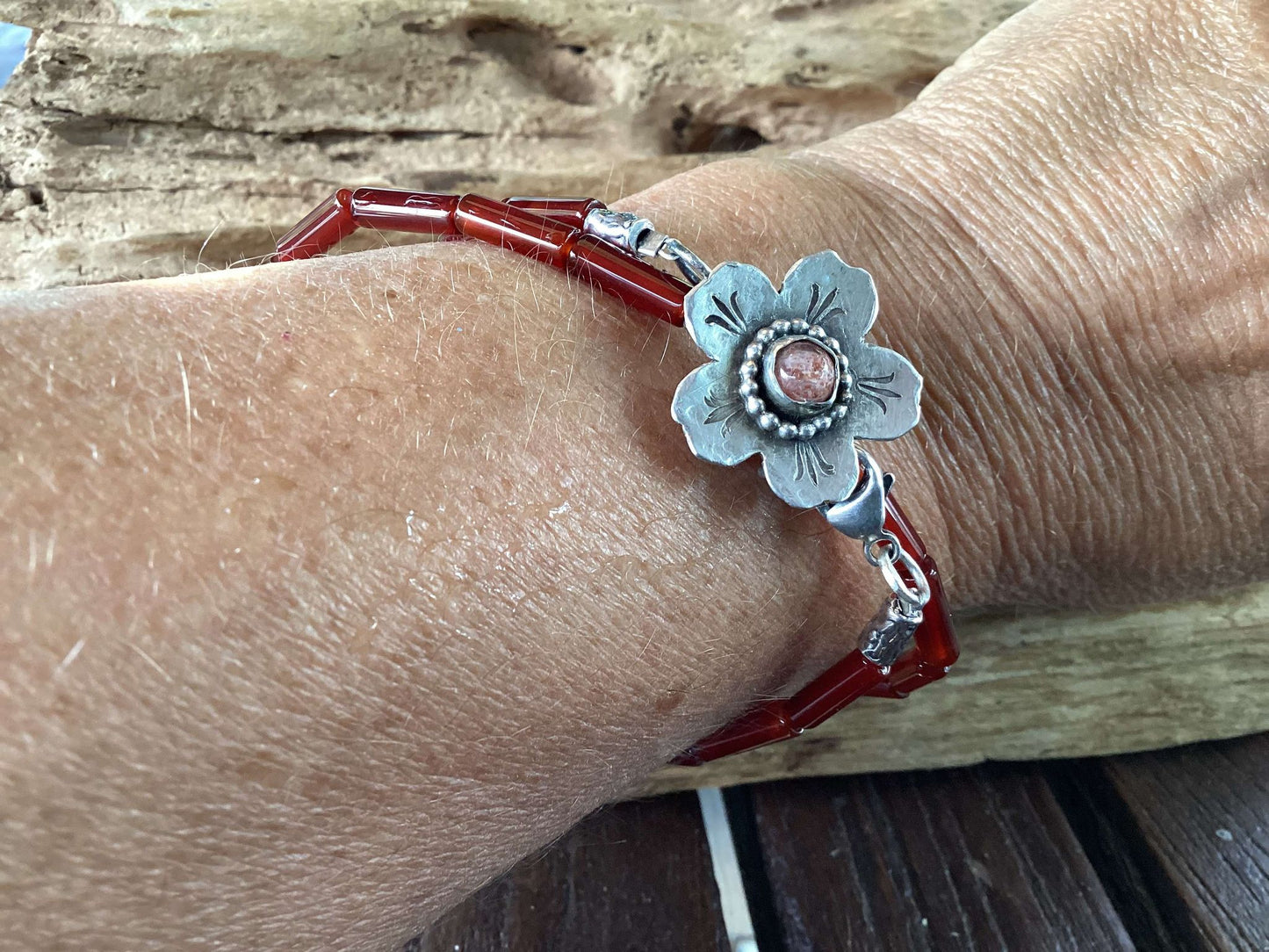 Sterling Silver, Amber and Sandstone Flower Wrap Bracelet