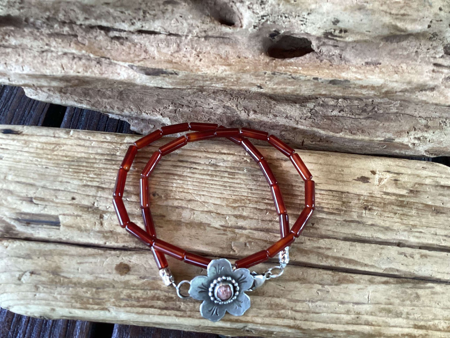 Sterling Silver, Amber and Sandstone Flower Wrap Bracelet