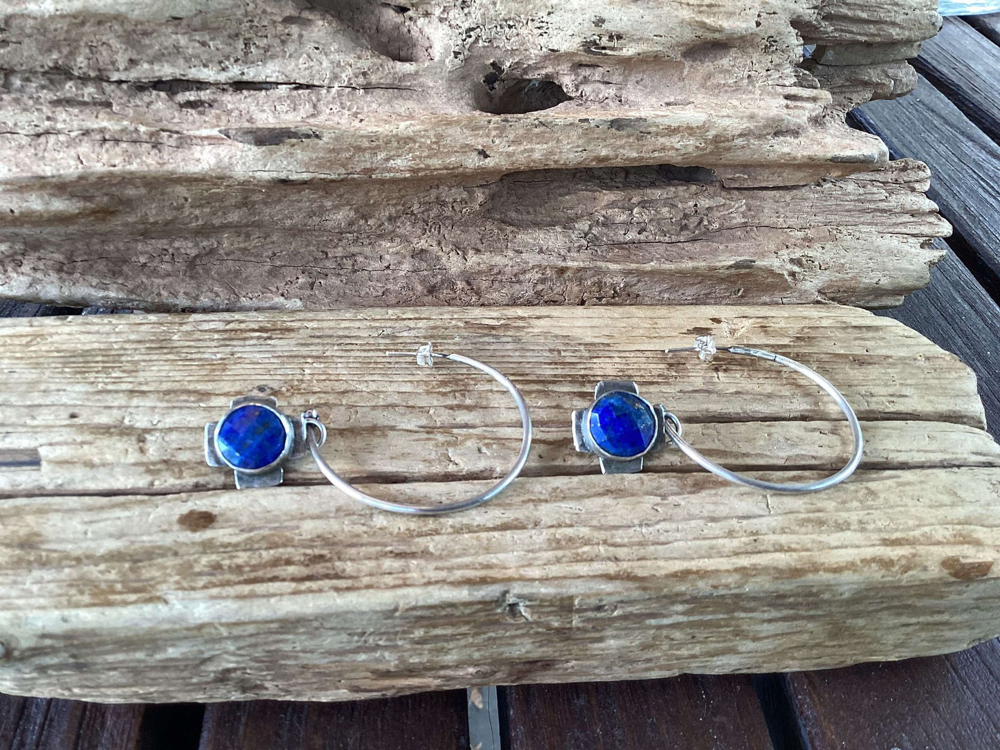 Sterling Silver and Lapis Hoop Earrings