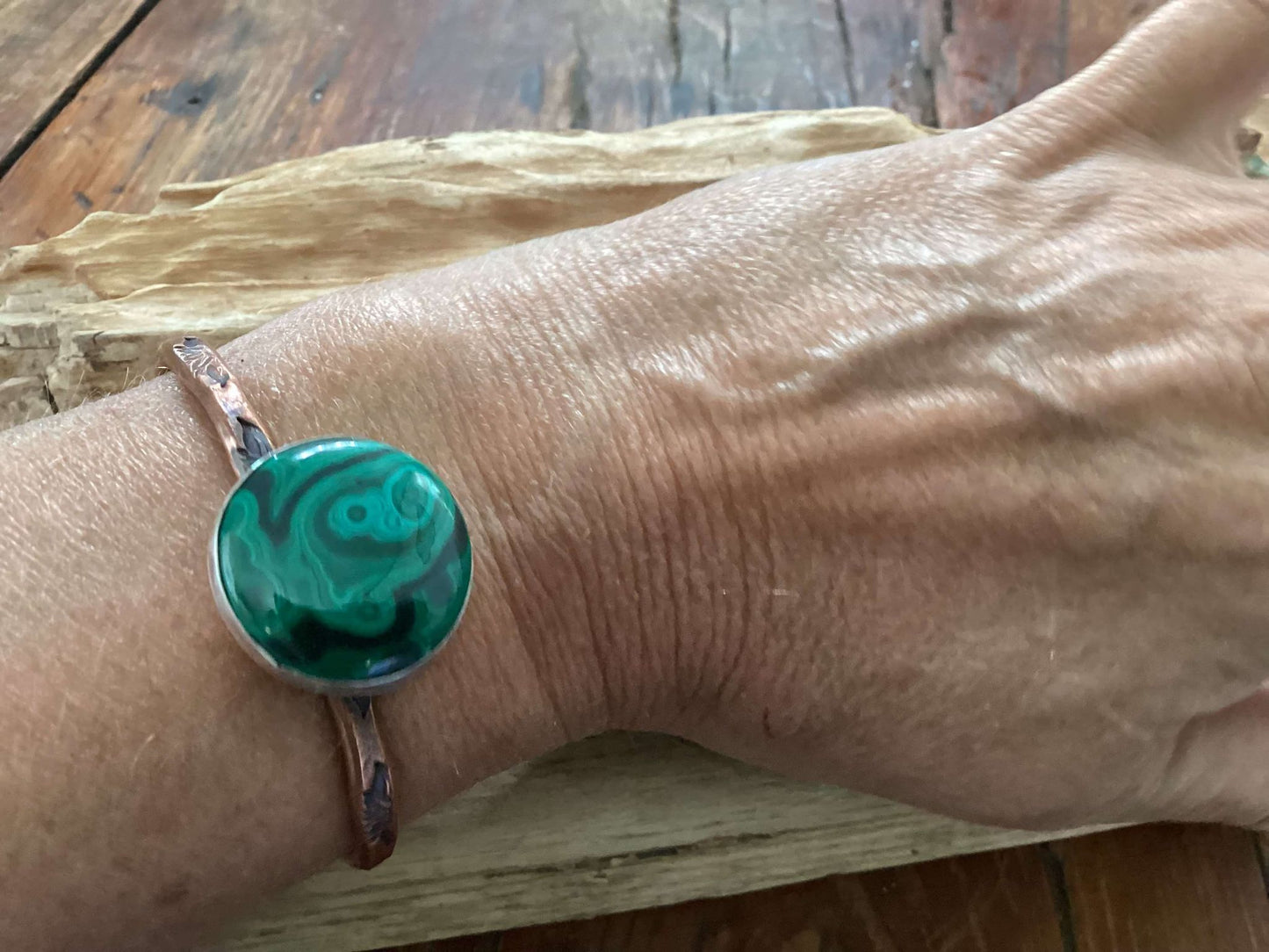 Copper, Sterling Silver and Malachite Cuff Bracelet