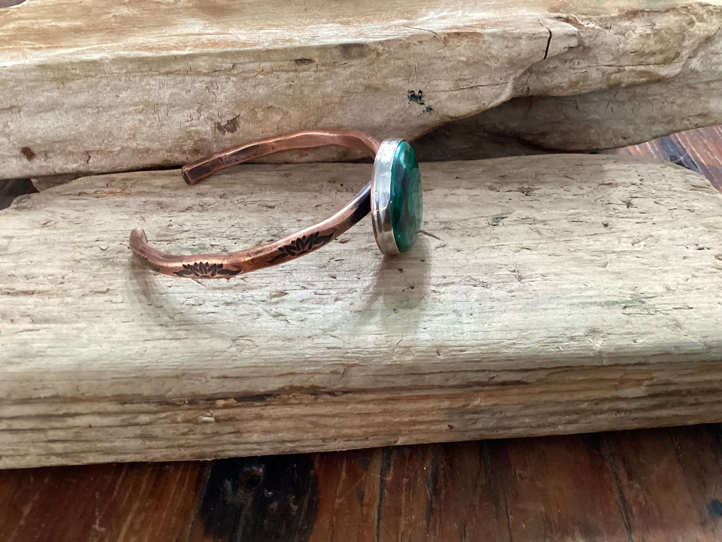 Copper, Sterling Silver and Malachite Cuff Bracelet