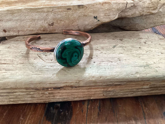 Copper, Sterling Silver and Malachite Cuff Bracelet