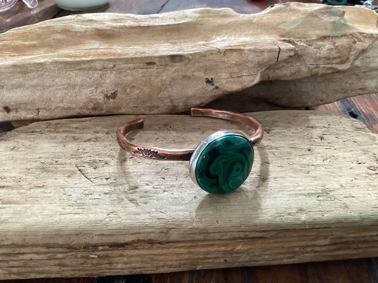 Copper, Sterling Silver and Malachite Cuff Bracelet