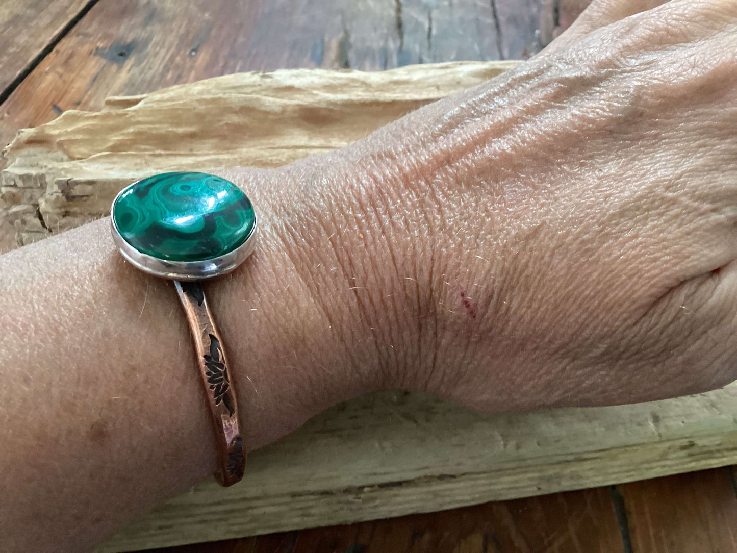 Copper, Sterling Silver and Malachite Cuff Bracelet