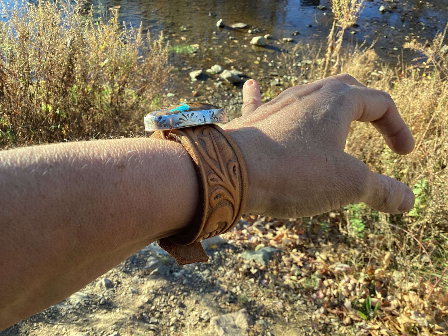 Sterling Silver, Leather and Turquoise Cuff Bracelet