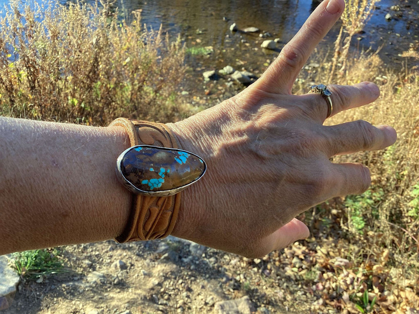 Sterling Silver, Leather and Turquoise Cuff Bracelet