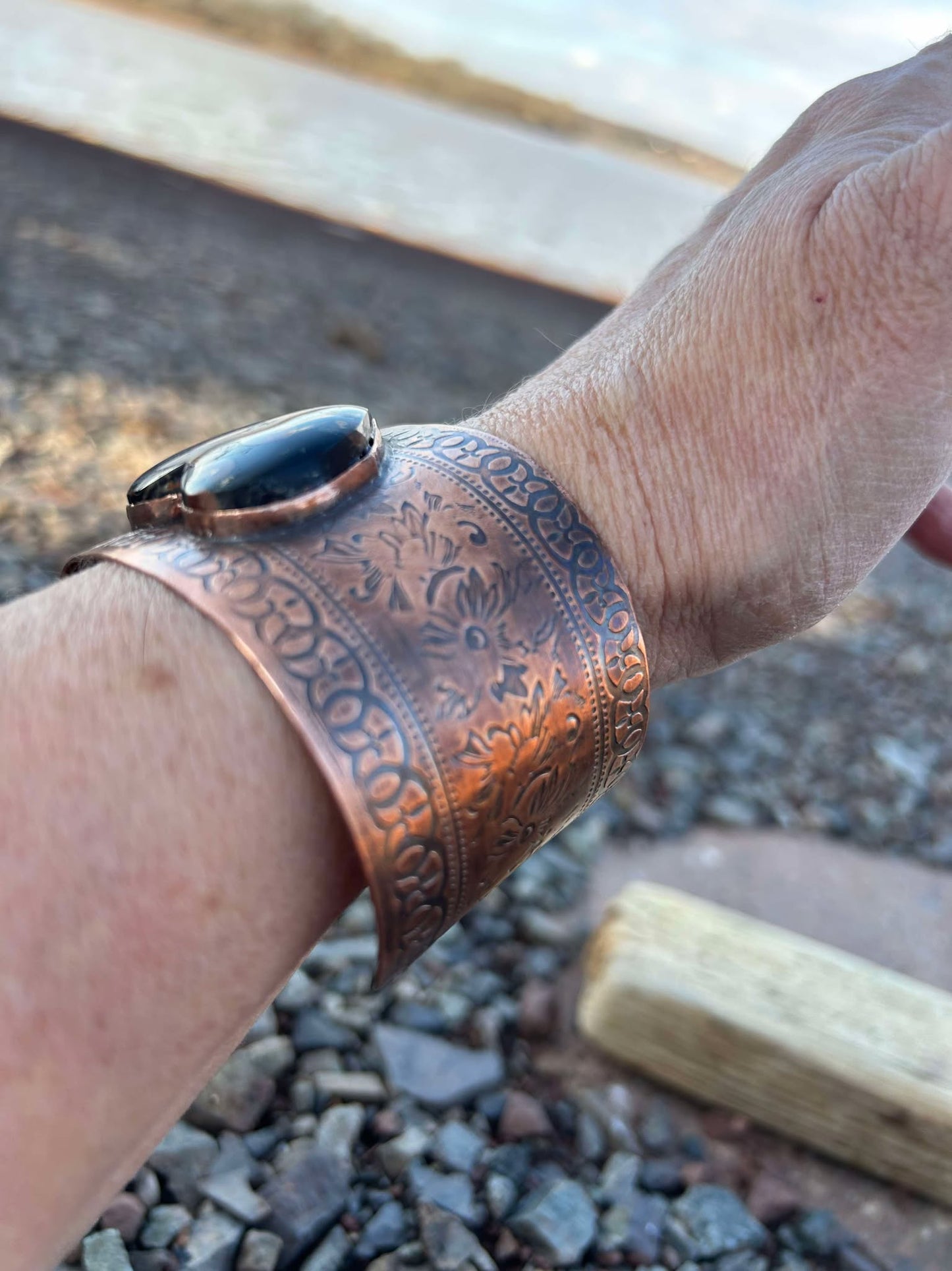 Copper and Peanut Obsidian Cuff Bracelet