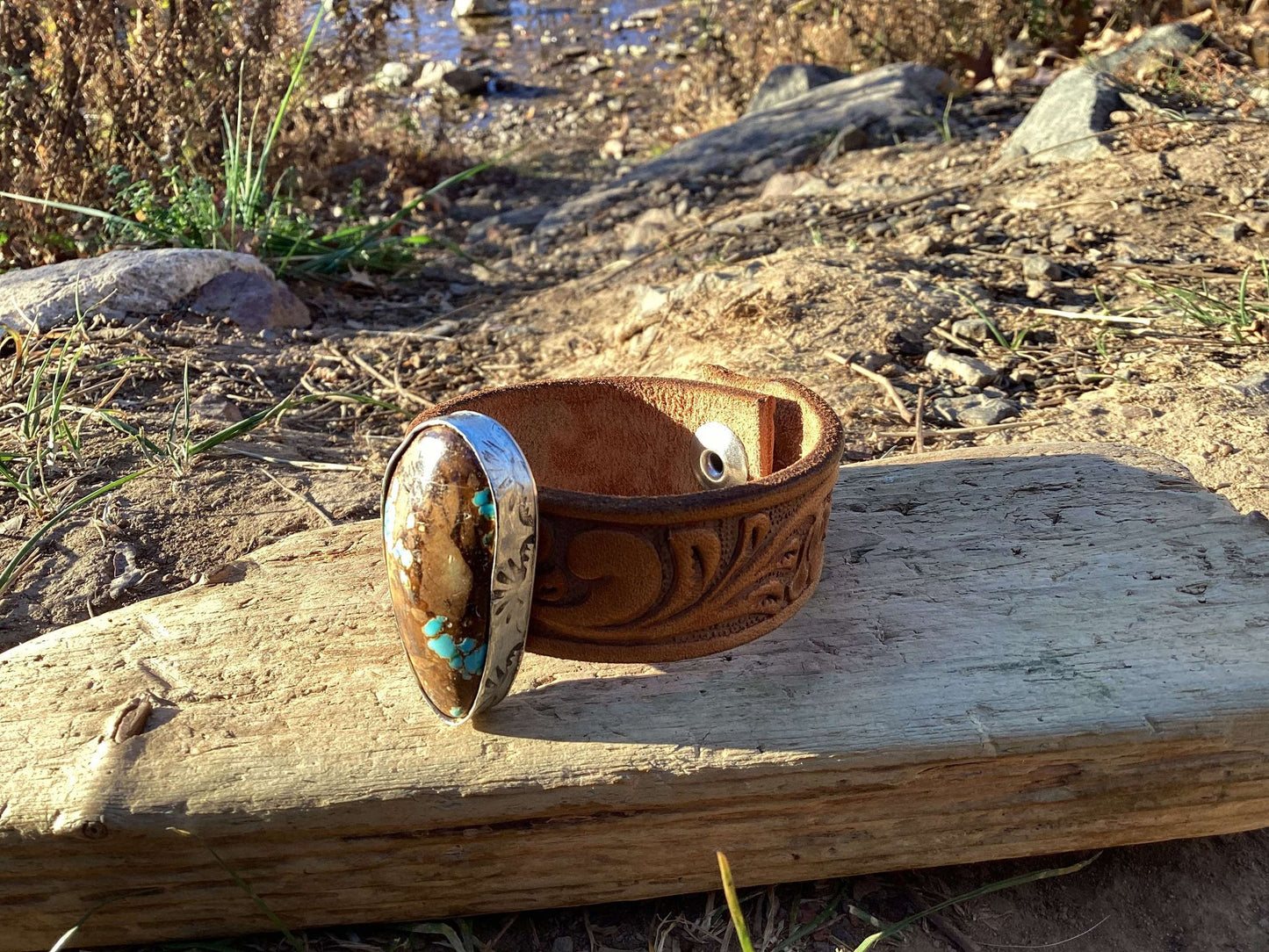 Sterling Silver, Leather and Turquoise Cuff Bracelet