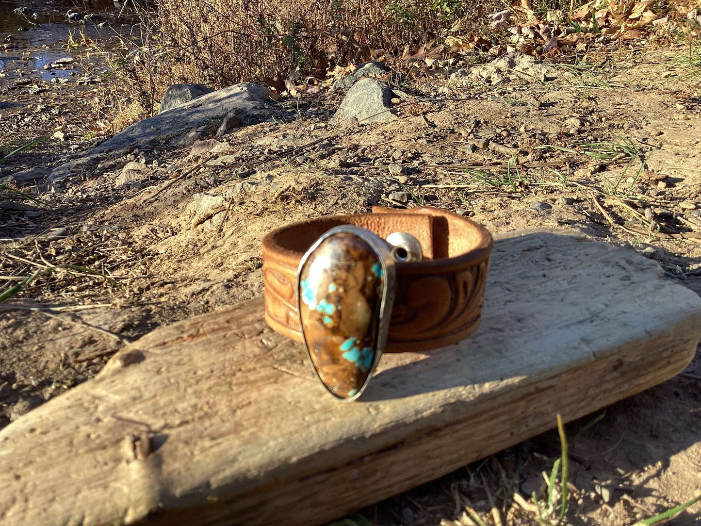 Sterling Silver, Leather and Turquoise Cuff Bracelet