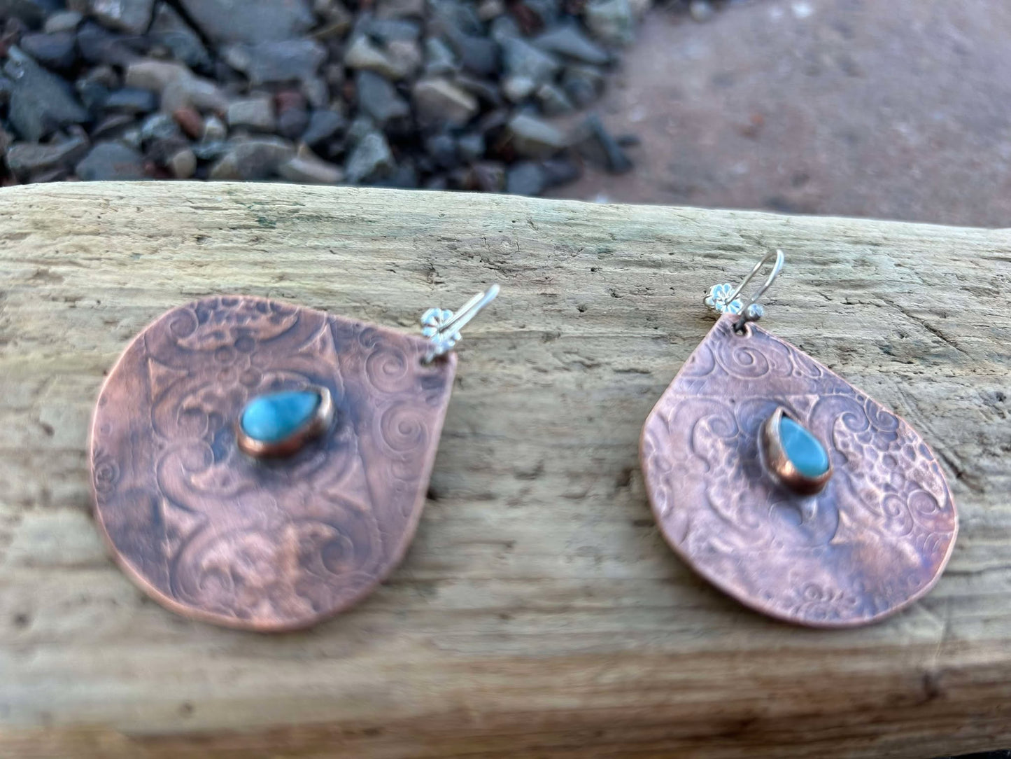 Sterling Silver, Copper and Larimar Statement Earrings