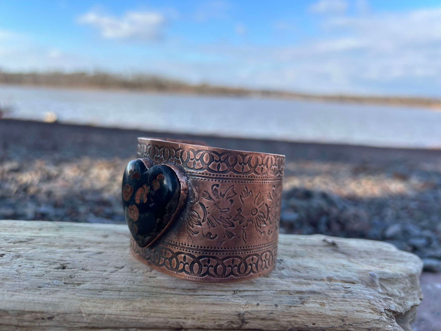 Copper and Peanut Obsidian Cuff Bracelet