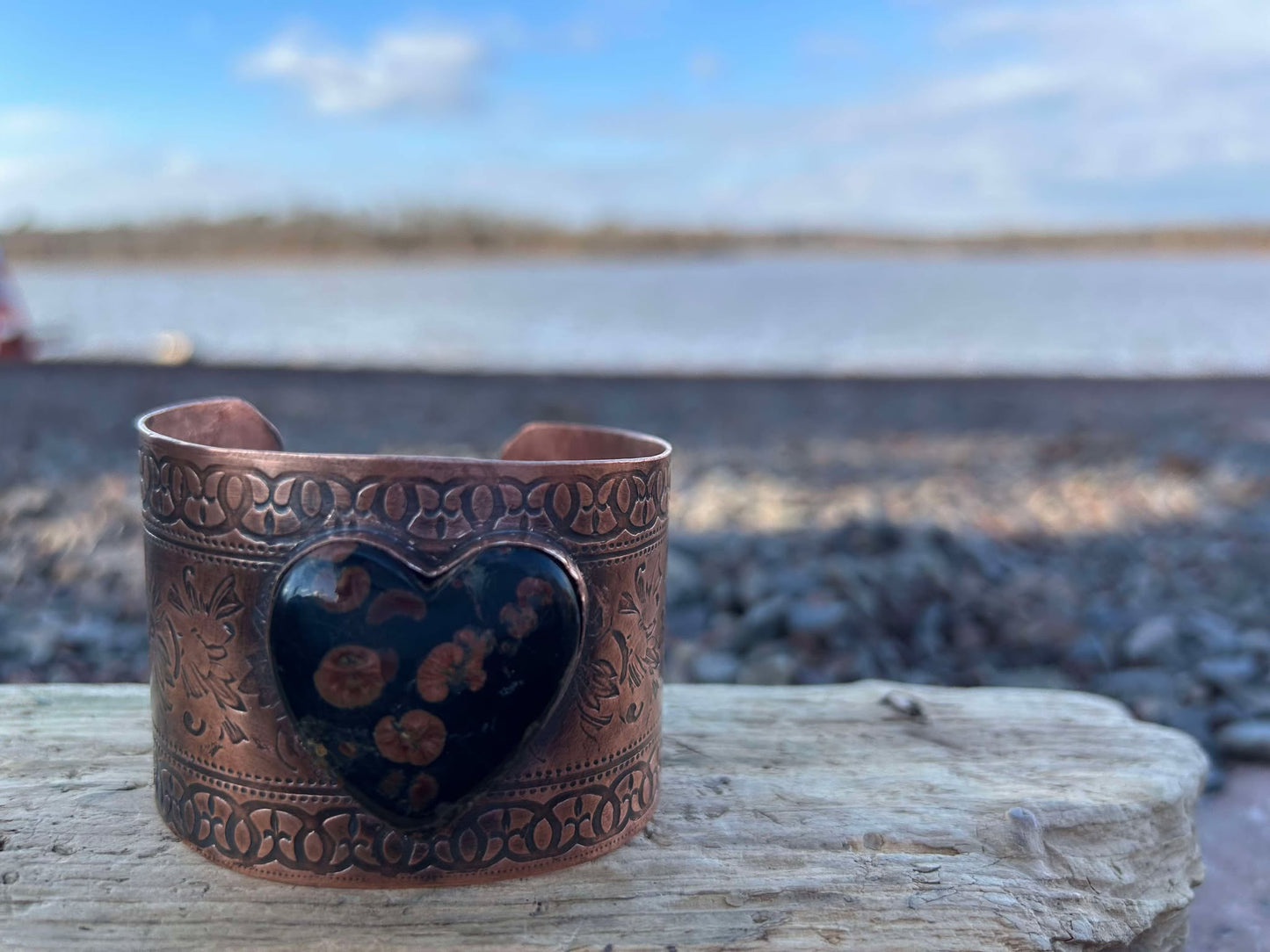 Copper and Peanut Obsidian Cuff Bracelet