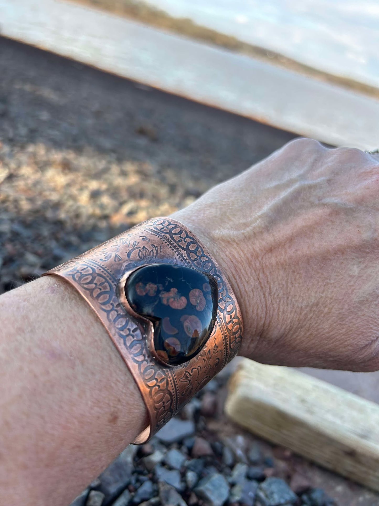 Copper and Peanut Obsidian Cuff Bracelet