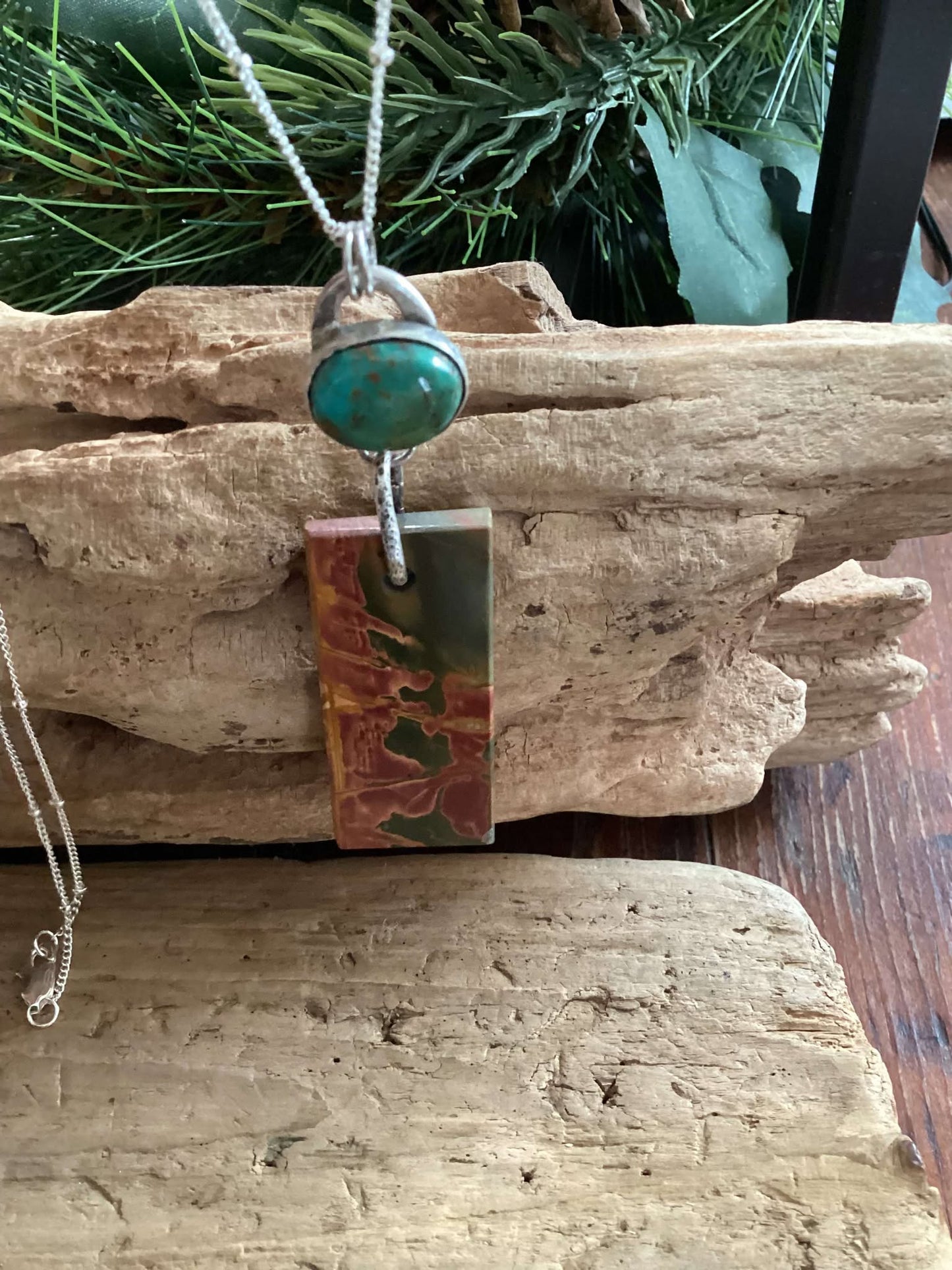 Sterling Silver, Turquoise and Cherry Creek Jasper Pendant Necklace