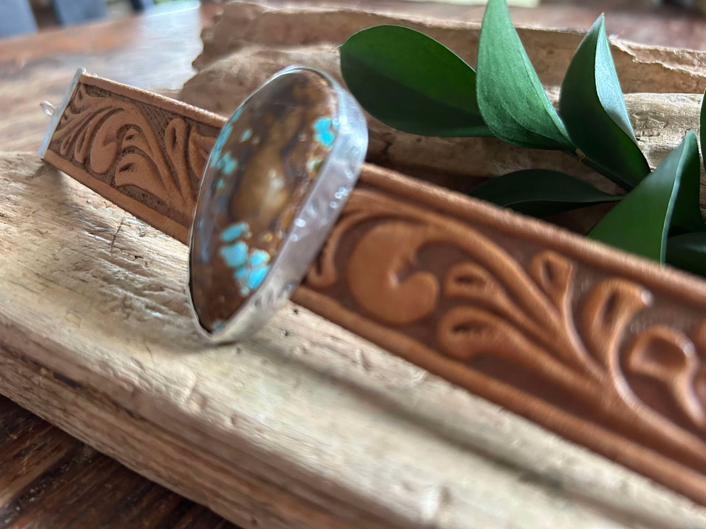 Sterling Silver and Turquoise Leather Cuff Bracelet