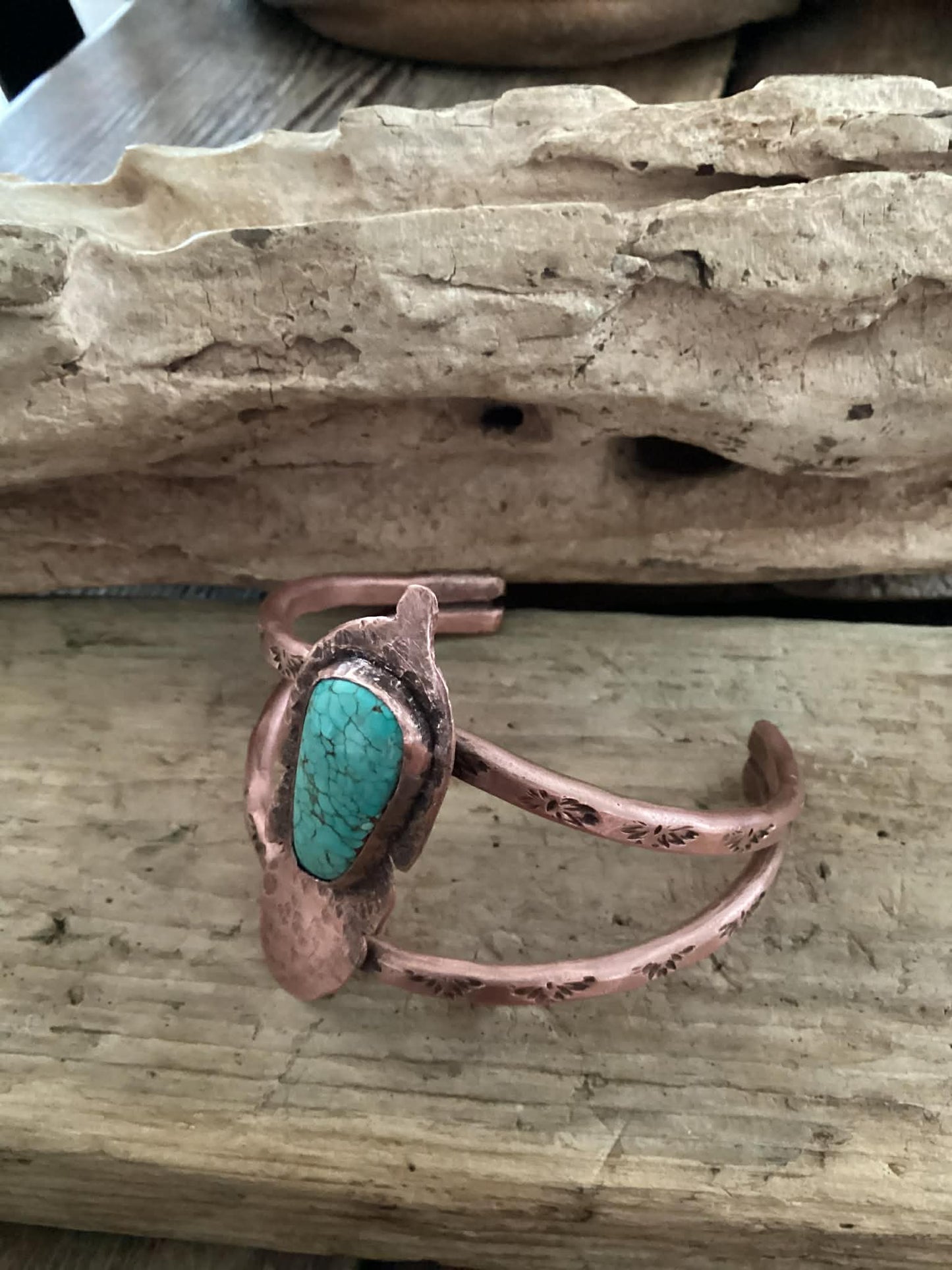 Copper and Turquoise, Hand Stamped Cuff Bracelet