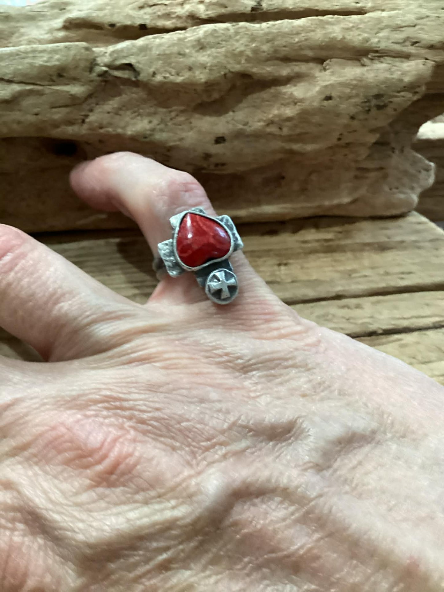 Sterling Silver and Coral Heart Ring