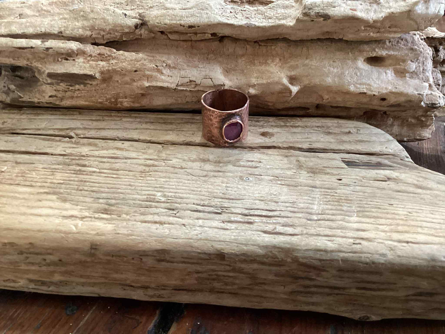 Copper and Tourmaline Hammered Ring, Size 6.75